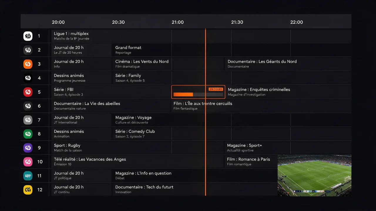 Guide des programmes Atlas Pro Max affichant la grille horaire des chaînes