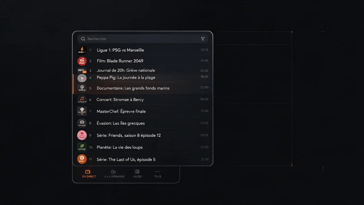 Application Atlas Pro Max sur un téléphone affichant la liste des chaînes en vertical