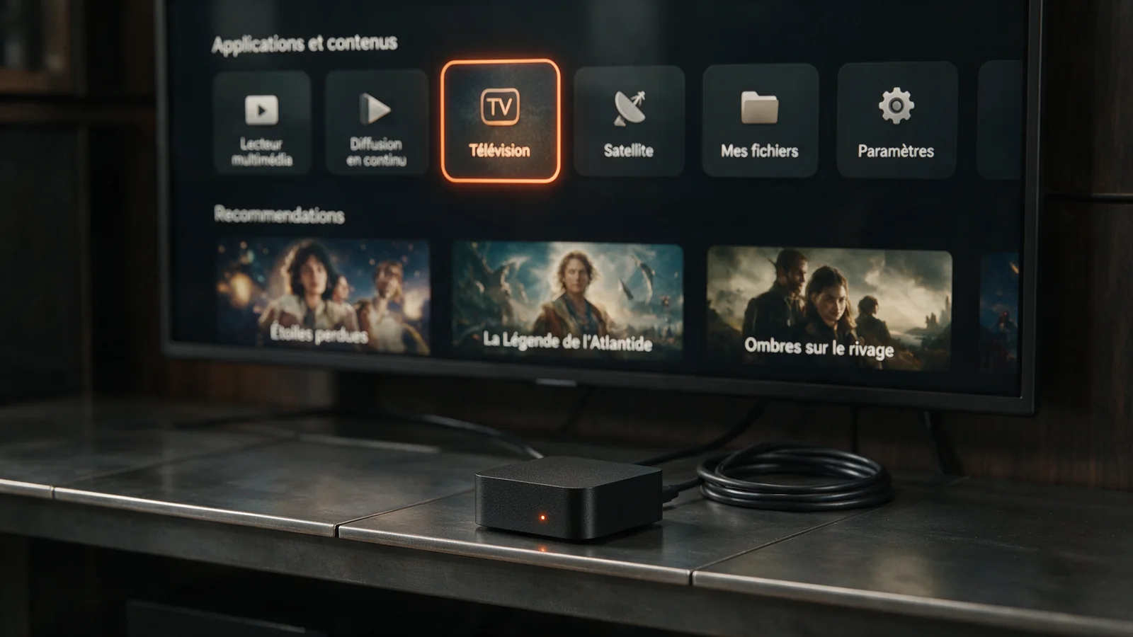 Box Android TV affichant le lecteur Atlas Pro Max sur son écran d'accueil