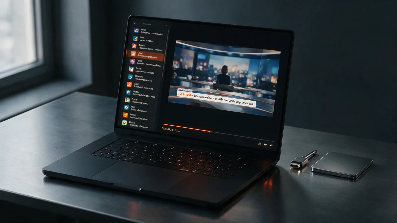 Lecteur Atlas Pro Max ouvert sur un ordinateur portable avec la liste des chaînes à gauche